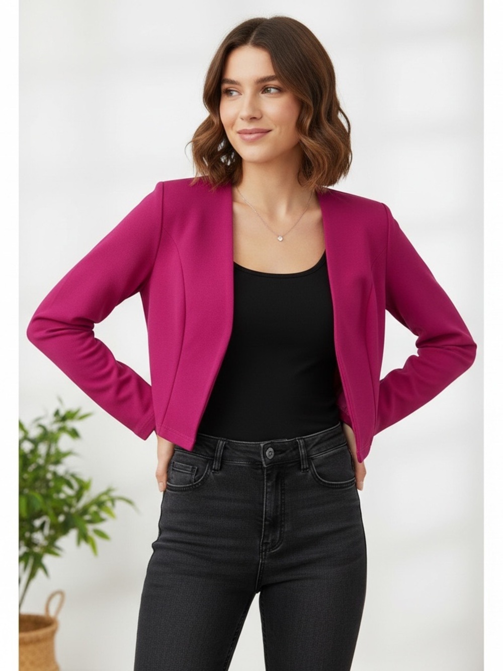 SHEIN Cropped Open-Front Blazer Jacket in Fuchsia